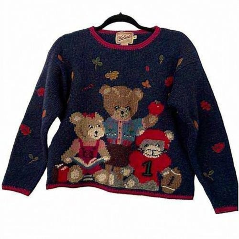 VTG Womens Woolrich Navy Teacher Granny Cottage Core Teddy Bear Autumn Sweater M